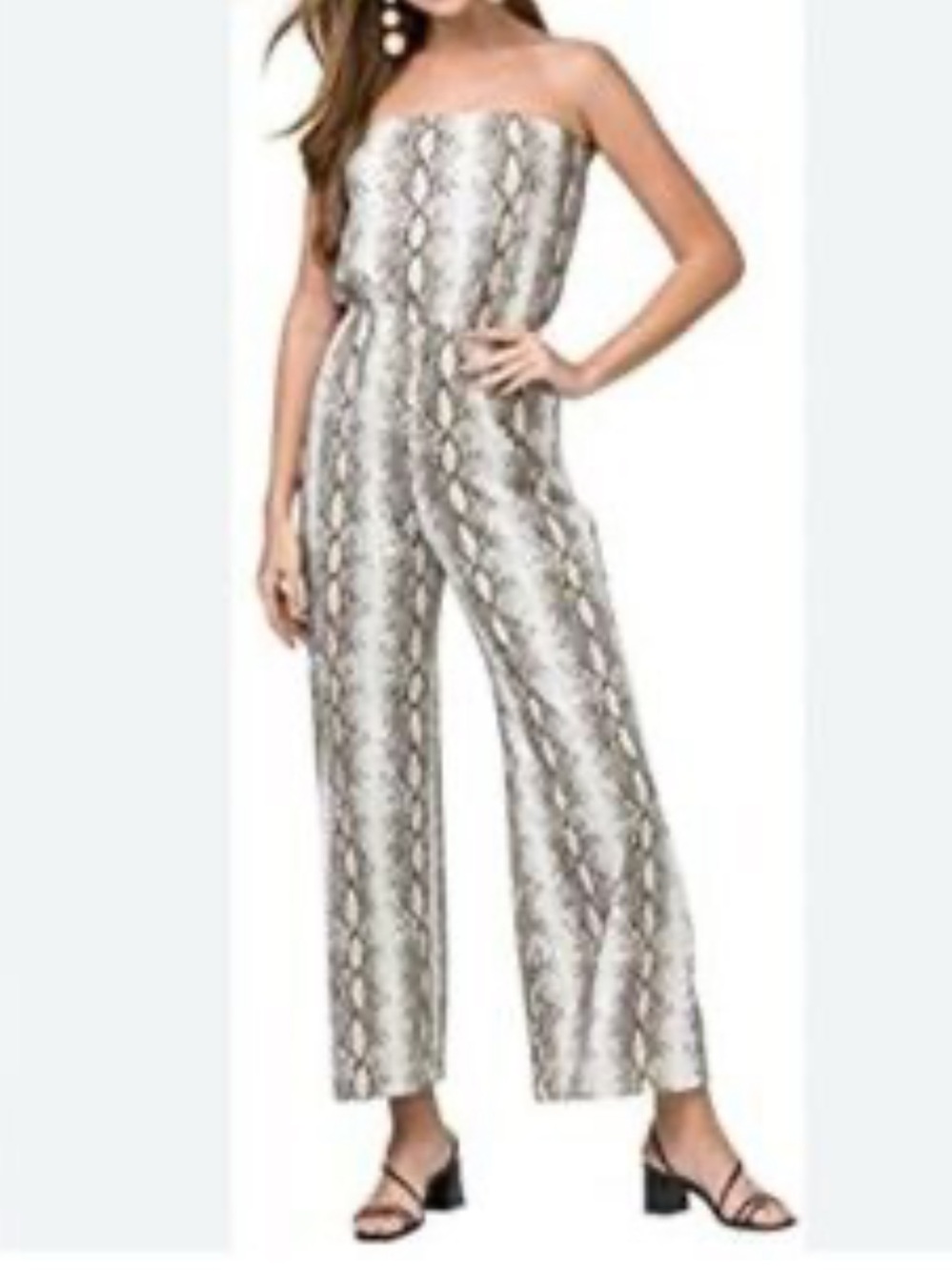 ENTRO Strapless Snake-Print Romper Jumpsuit Gray Black & Cream Reptile Wide Leg